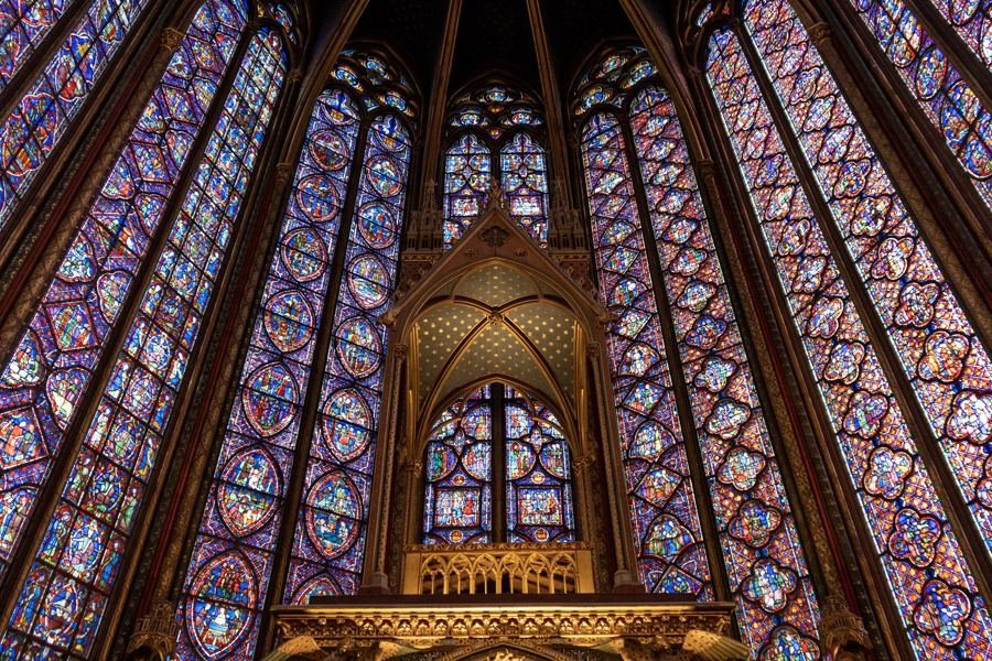 Soaring stained-glass windows inside Sainte-Chapelle in Paris